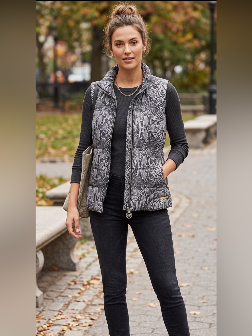 MICHAEL KORS Animal Print Puffer Vest Women’s Large Quilted Zip Lightweight